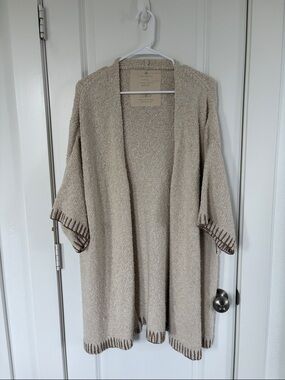 Women's Open-Front Knit Poncho in Beige with Contrast Trim